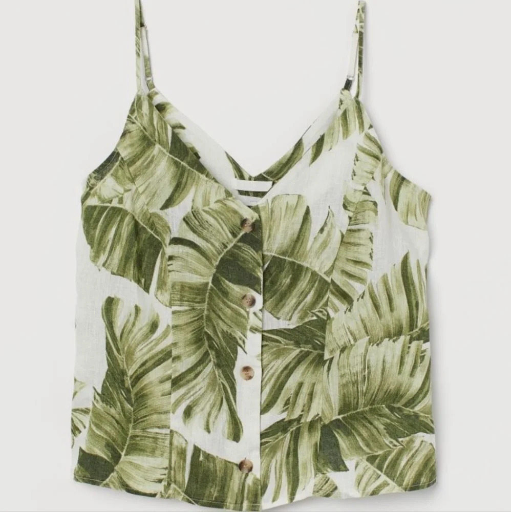 H&M linen button front palm  print camisole green white large NWOT